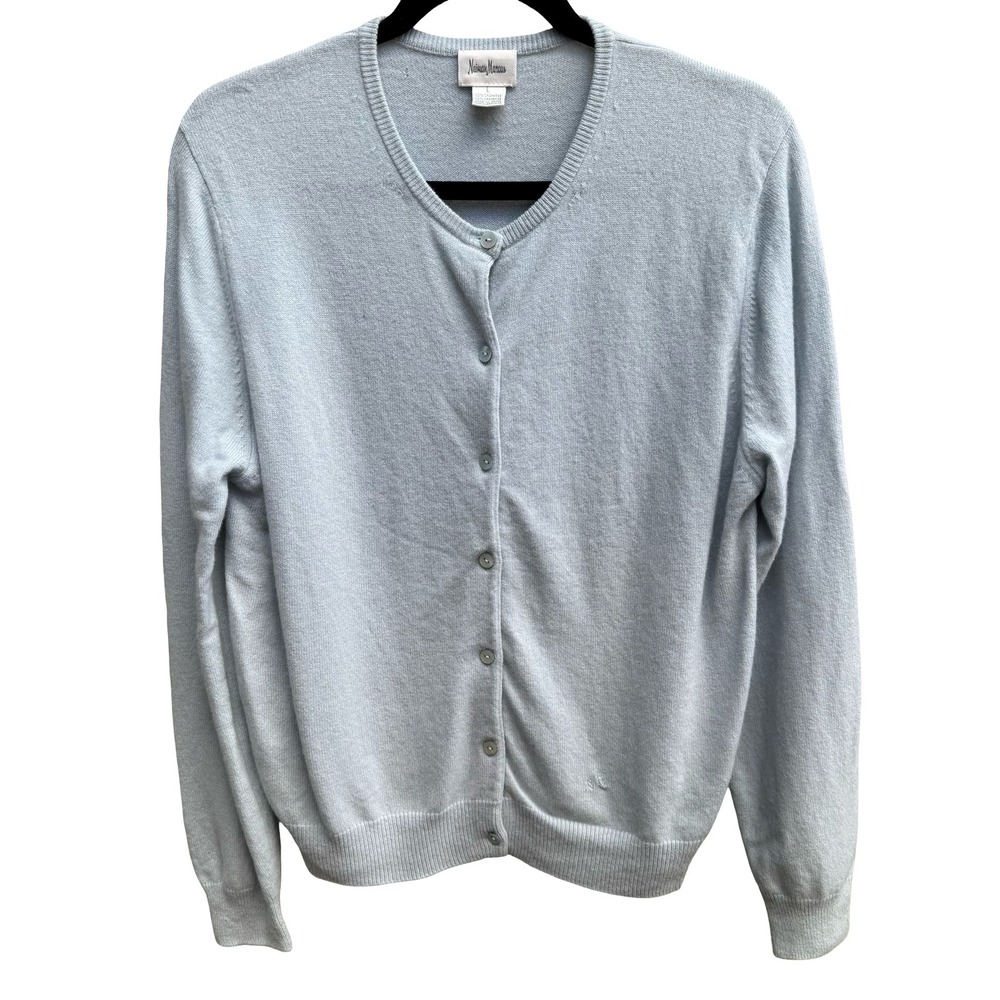 Neiman Marcus Cashmere Quiet Luxury Preppy Cozy Cardigan Sweater Pastel Blue L